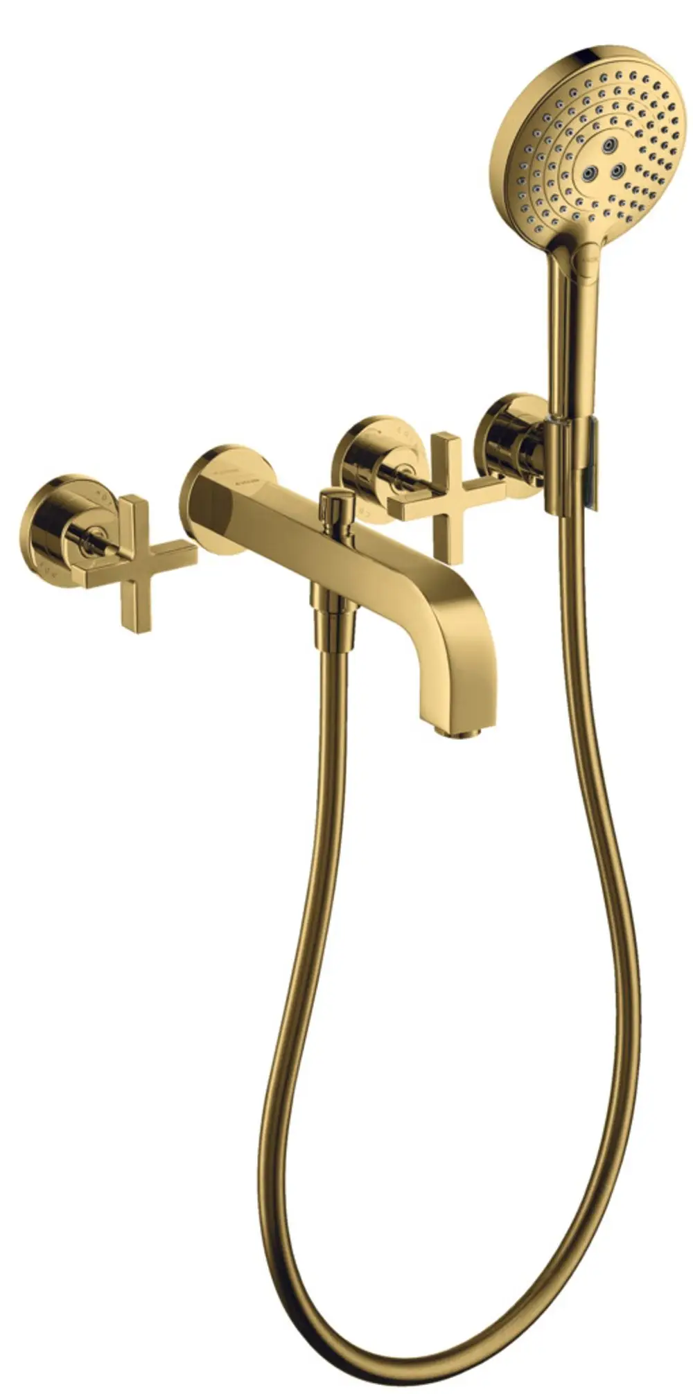AXOR Citterio Wannenarmatur mit zwei Kreuzgriffen und einer Handbrause in hochwertiger Goldoptik, für die Wandmontage konzipiert, mit eleganten Rosetten.